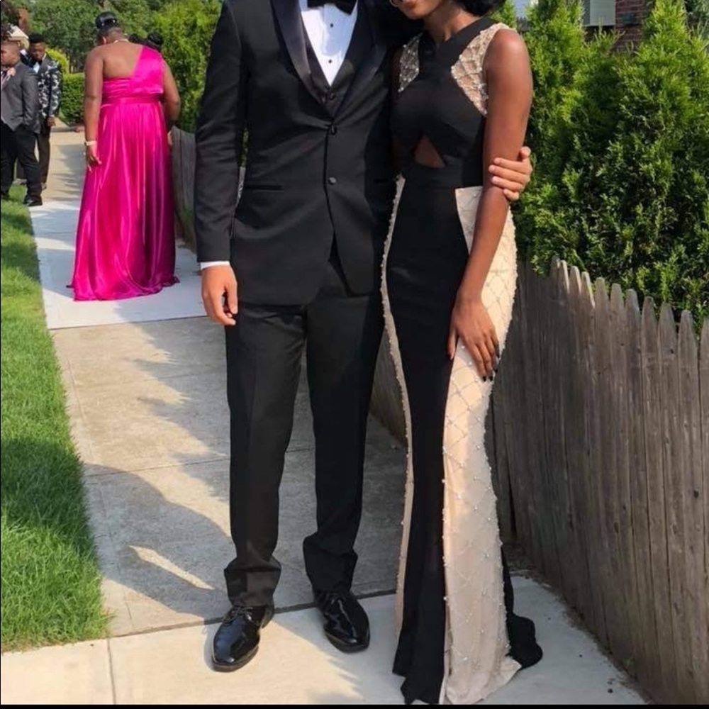 Black and Nude Prom dress with diamond accents.